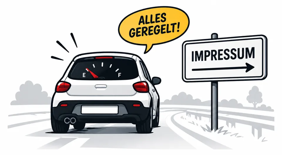 Comic-Auto neben einem Wegweiser mit der Aufschrift Impressum und der Sprechblase Alles geregelt!